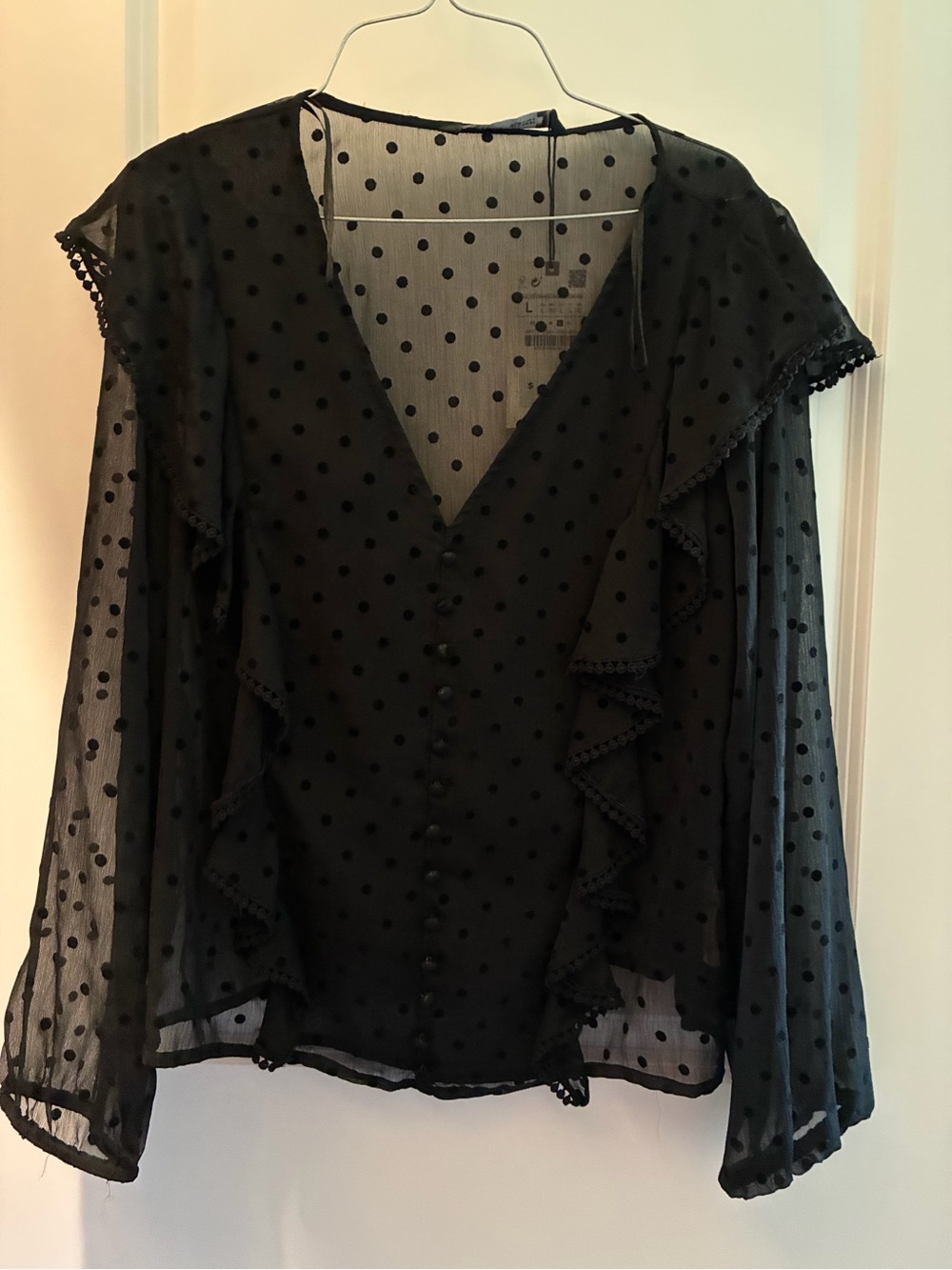 Zara Black Sheer Polka Dot Ruffle Blouse